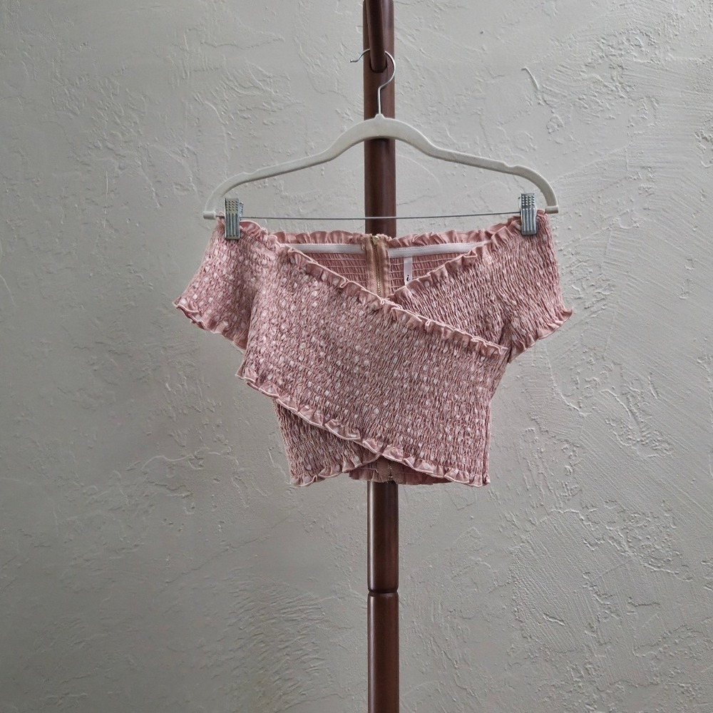 T267. Pink Polka Dot Smocked Off-the-Shoulder Crop Top